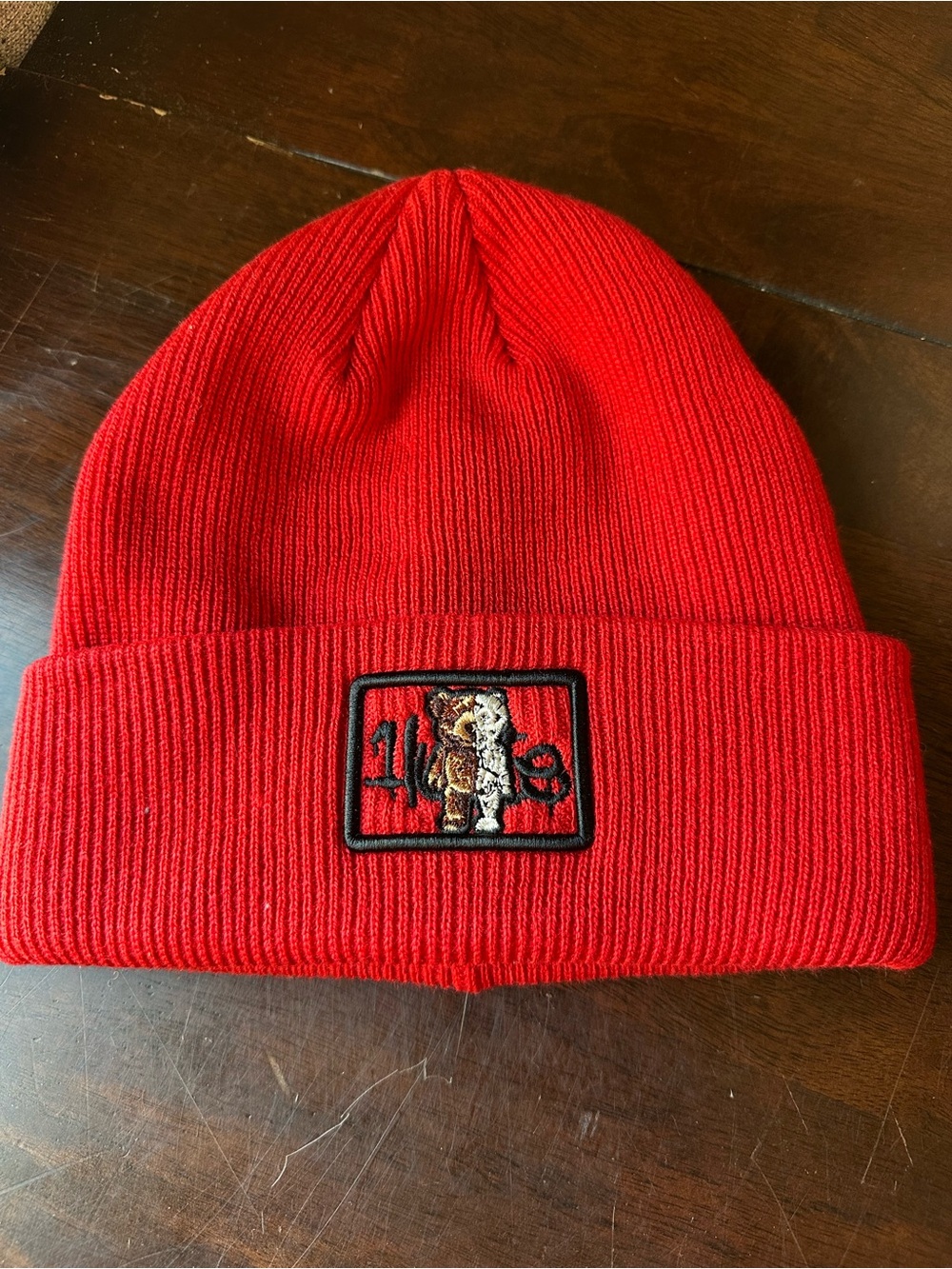 Red Knit Beanie with Embroidered Patch - Men's Hat